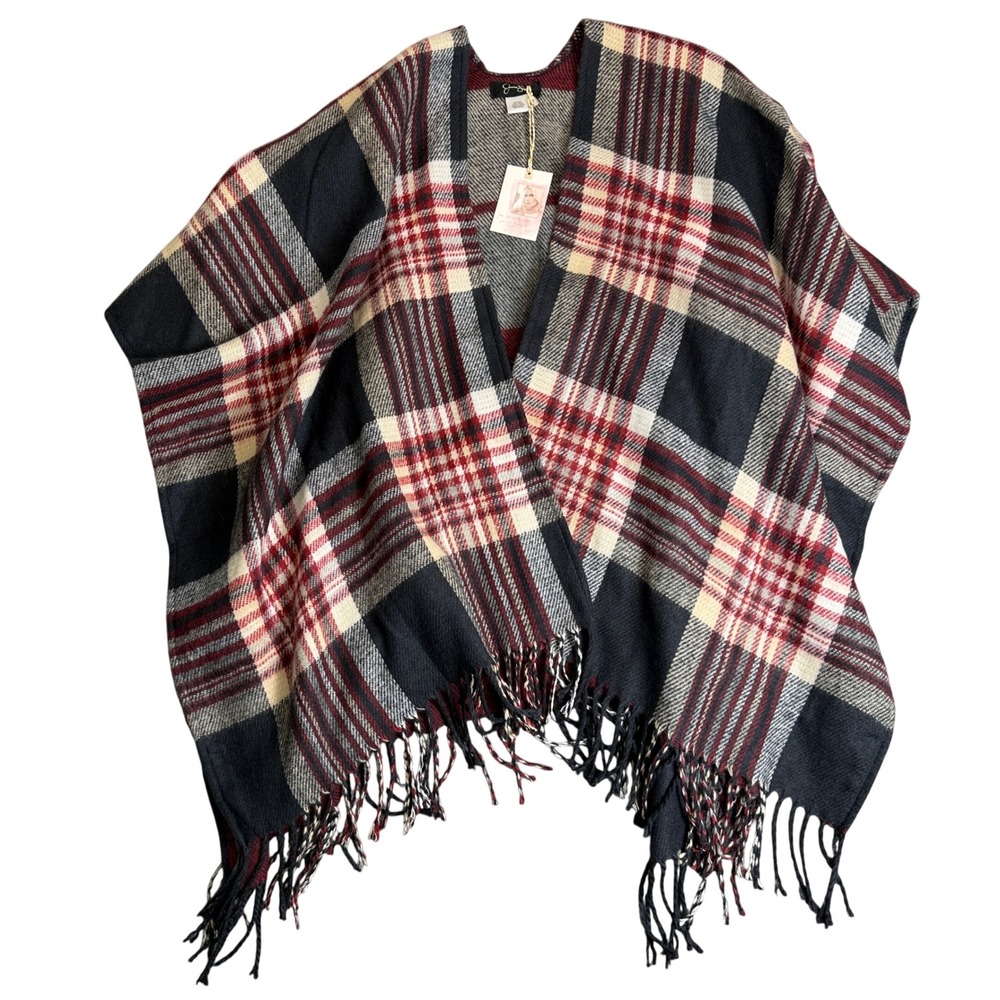 Jessica Simpson Plaid Poncho Navy Red Cream Fringe Wrap One Size NEW - Picture 2 of 9